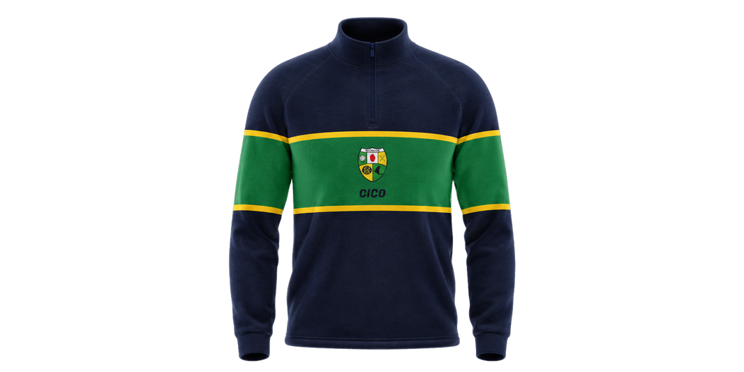 Shercock GAA & LGFA navy and green retro half zip crewneck with gold stripes and club crest - GAA clothing