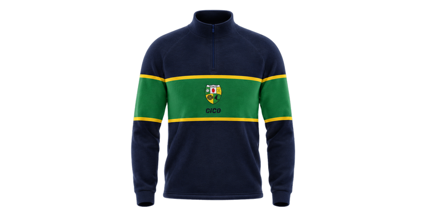 Shercock GAA & LGFA navy and green retro half zip crewneck with gold stripes and club crest - GAA clothing