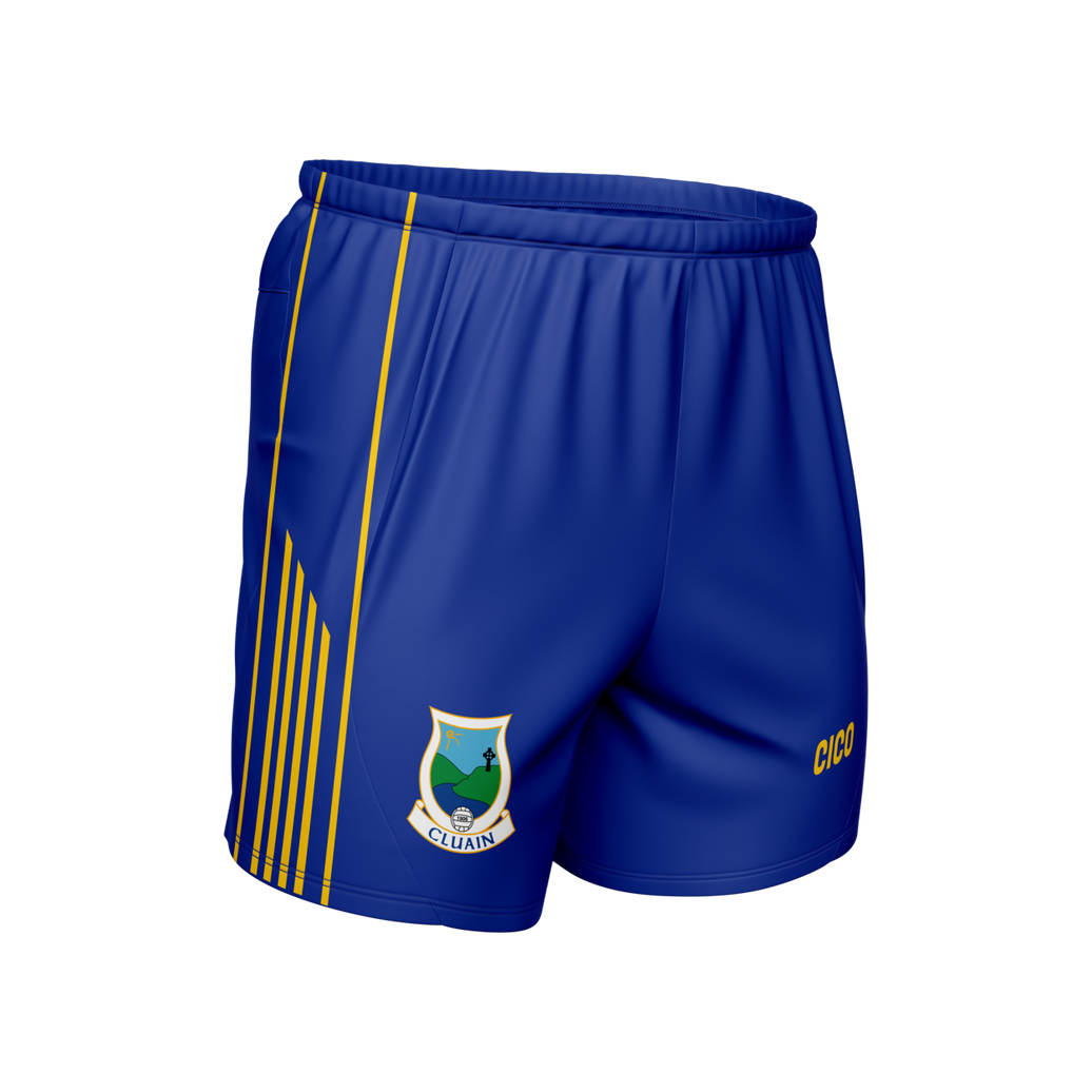 Cloone GAA royal blue Gaelic shorts with dark gold stripes and Cloone crest - GAA clothing by Cico Sports