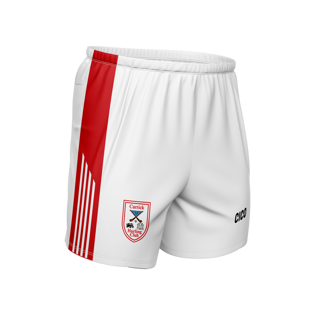 Carrick Hurling Club white and red Gaelic shorts with club crest