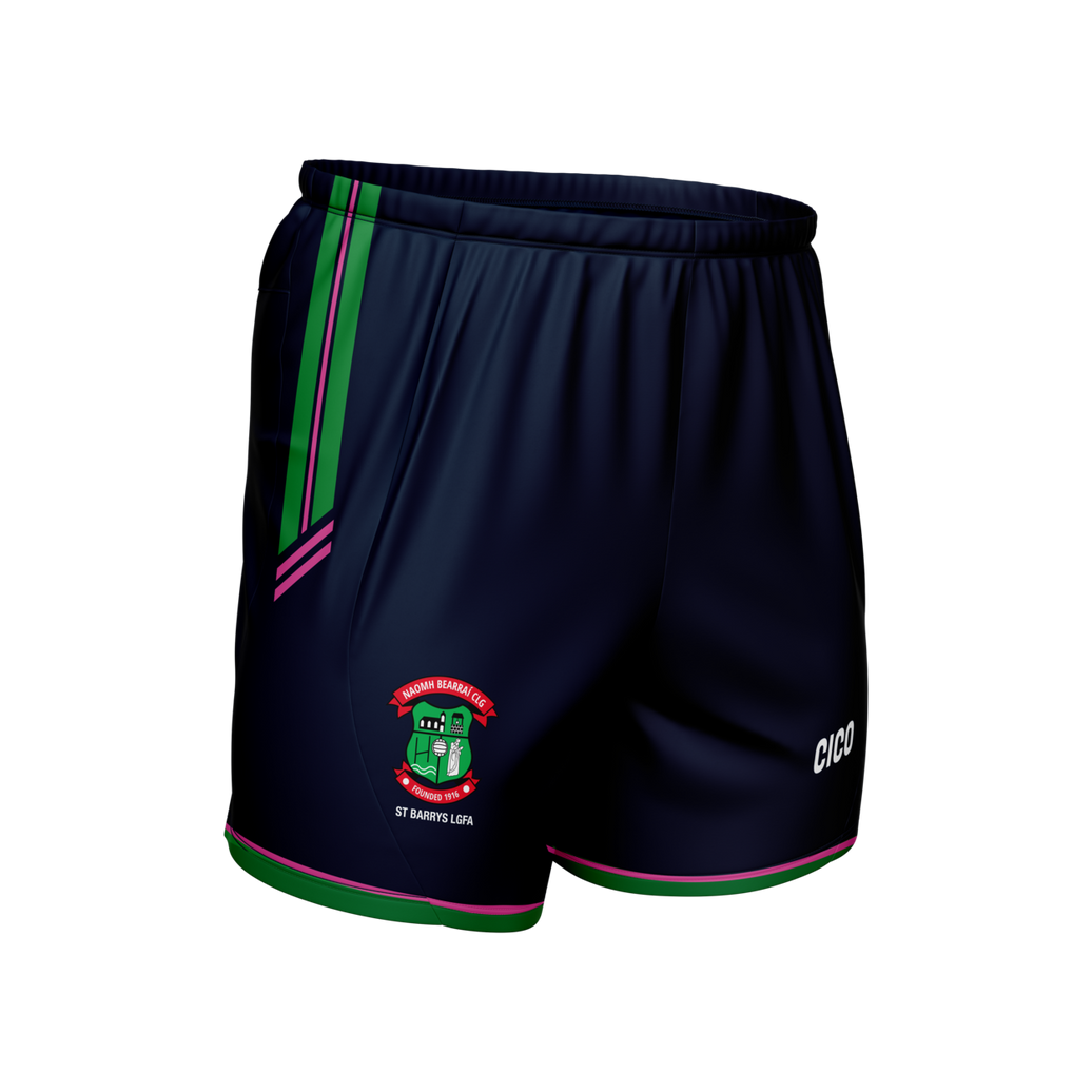 St Barry's LGFA adult navy Gaelic shorts with emerald and pink side panel - ladies Gaelic football clothing