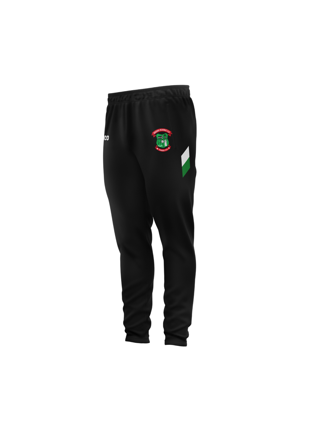 St Barrys GAA kid's black skinnies with emerald and white side stripe and club crest