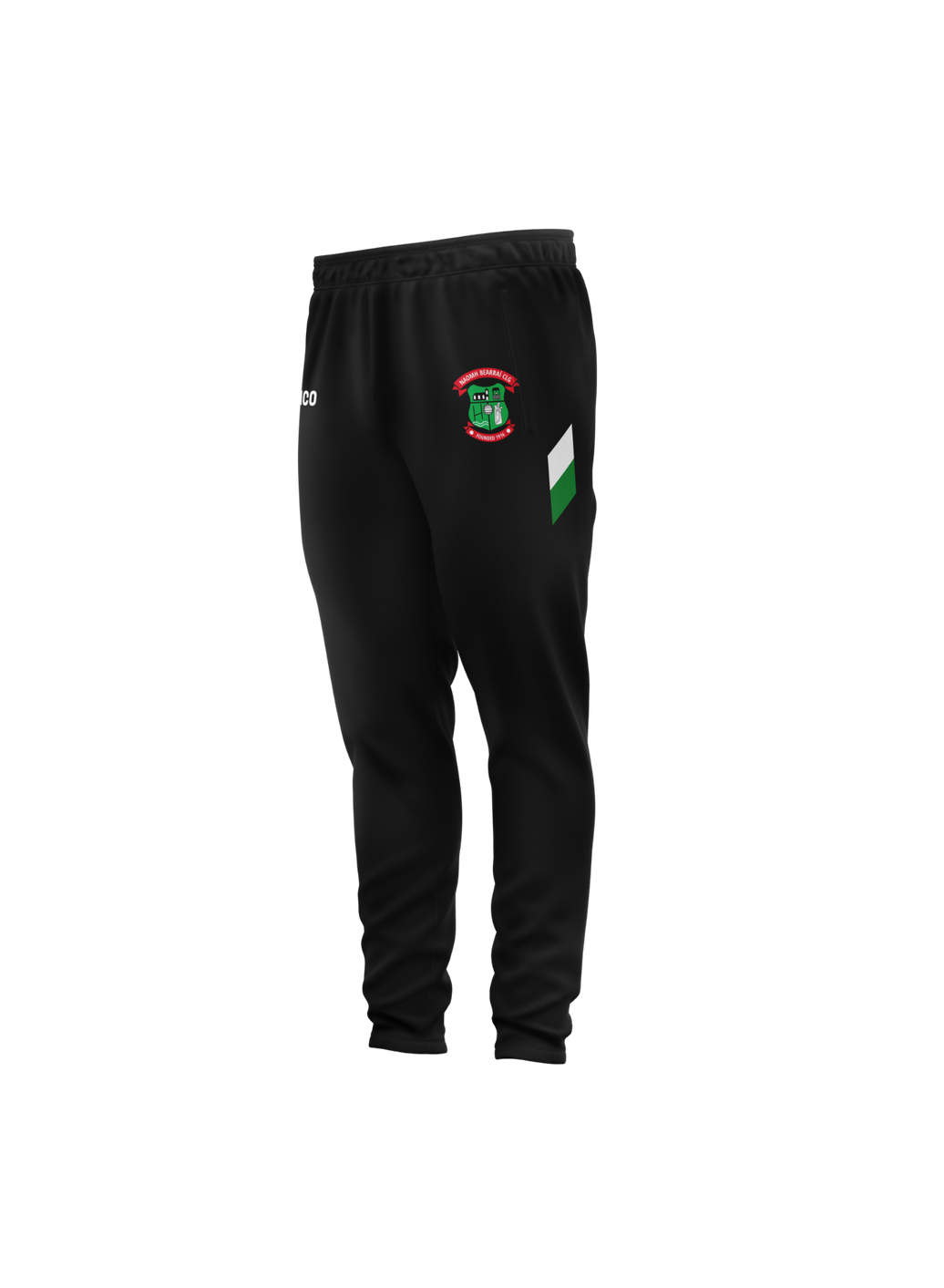St Barrys GAA unisex black skinnies with emerald and white side stripe and club crest