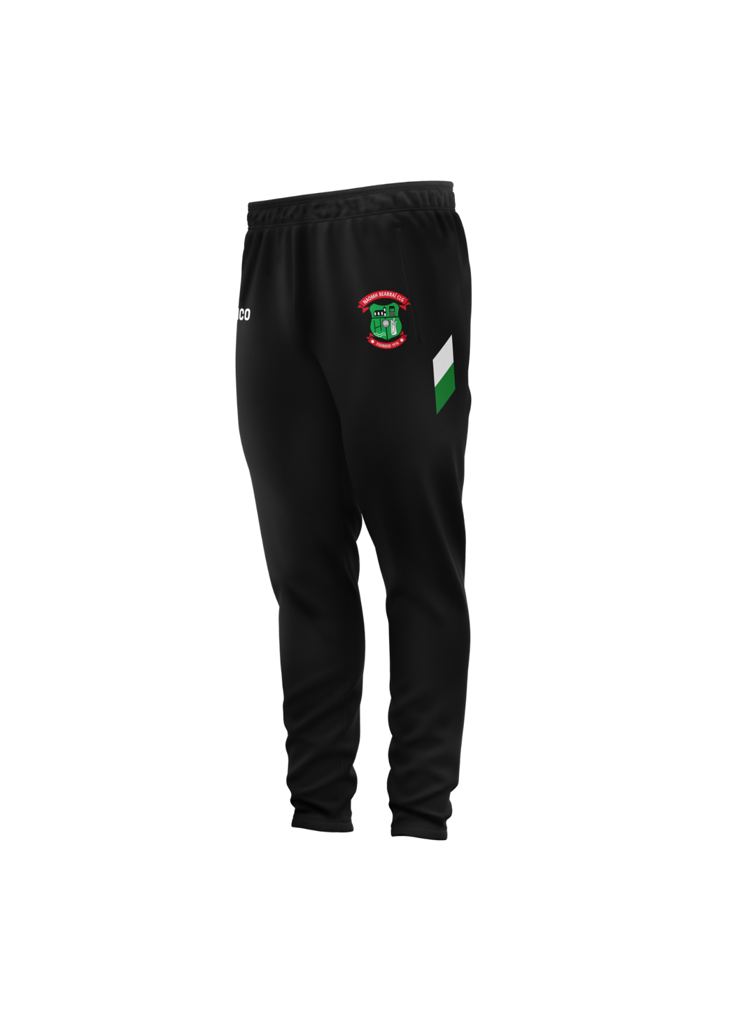 St Barrys GAA unisex black skinnies with emerald and white side stripe and club crest