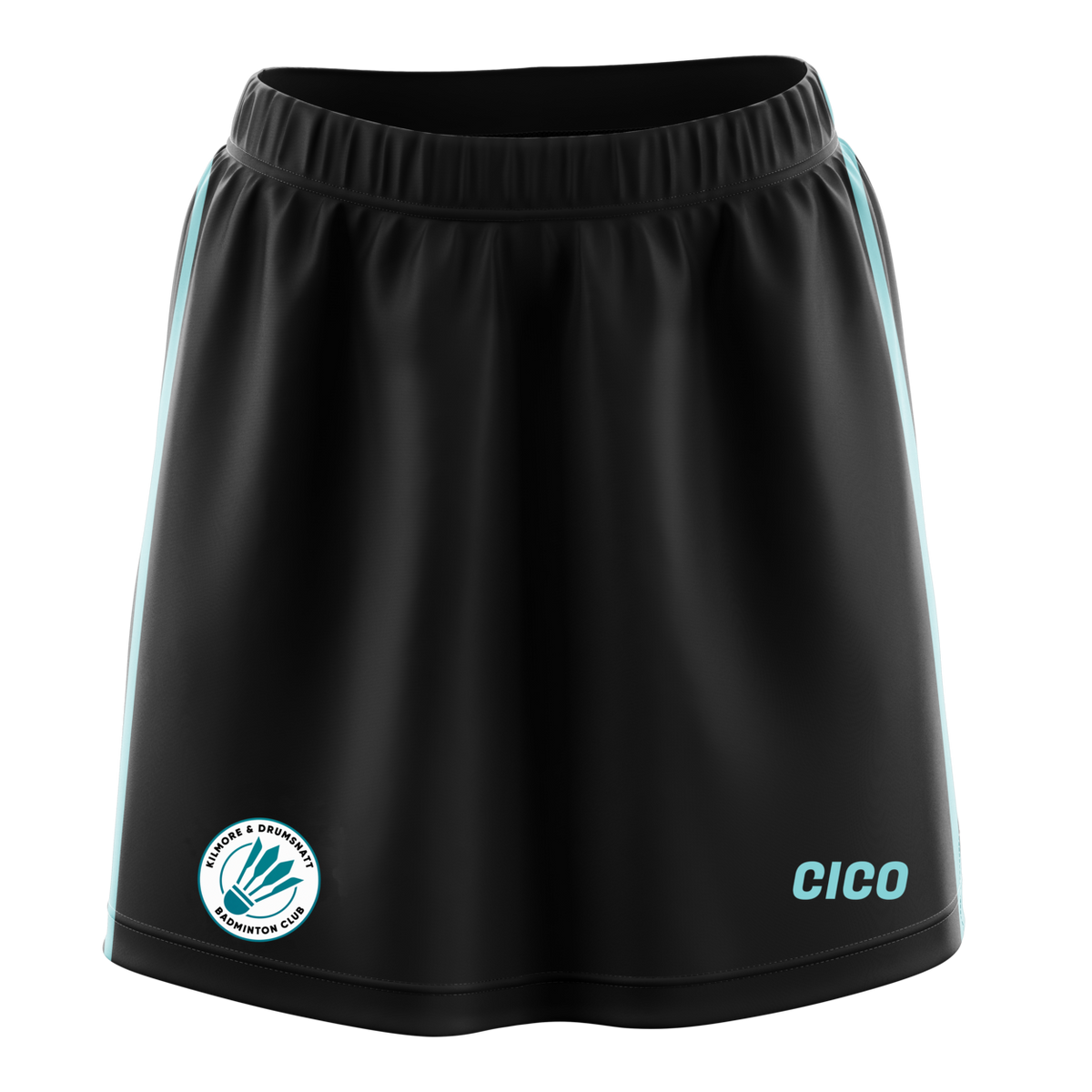Kilmore & Drumsnatt Badminton Club black and turquoise skort with club crest - Cico Sports