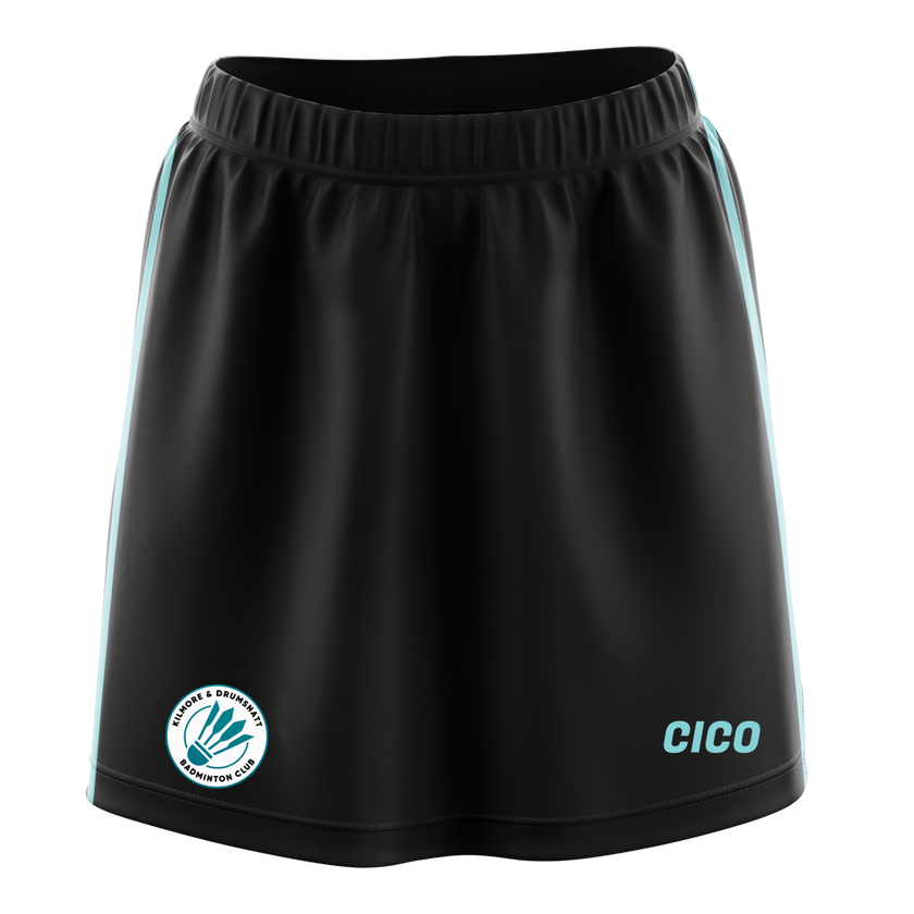 Kilmore & Drumsnatt Badminton Club black and turquoise skort with club crest - Cico Sports