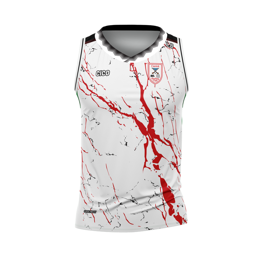 Carrick Hurling Club white and red sleeveless jersey with club crest