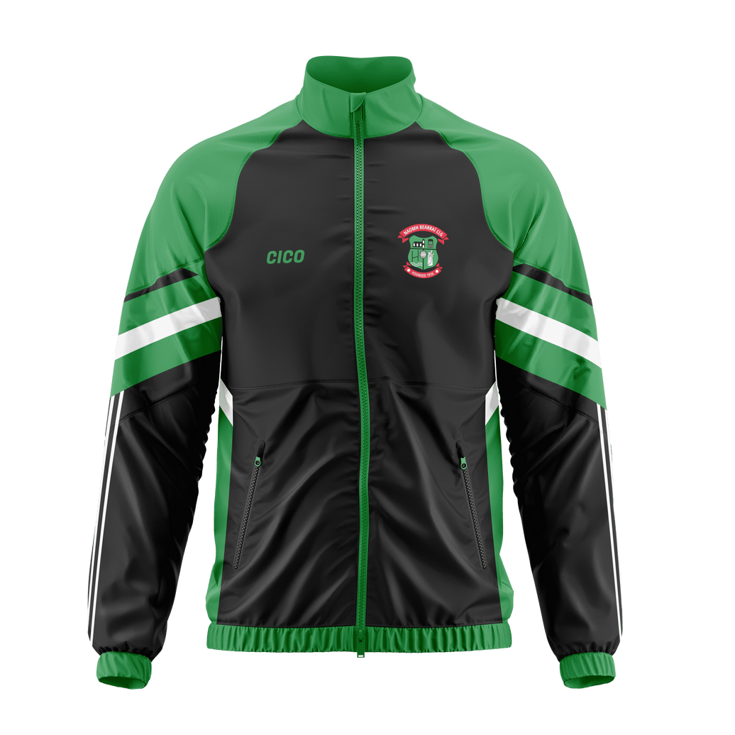St Barrys GAA kid's retro jacket in black and emerald green with white sleeve stripes and club crest