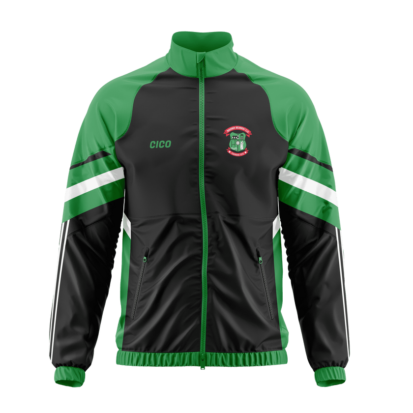 St Barrys GAA kid's retro jacket in black and emerald green with white sleeve stripes and club crest