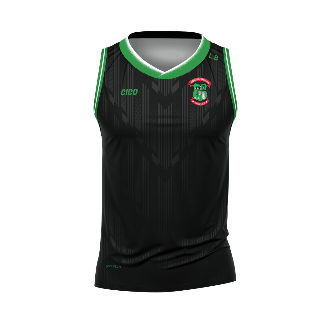 St Barrys GAA kid's black sleeveless jersey with emerald green trim and club crest