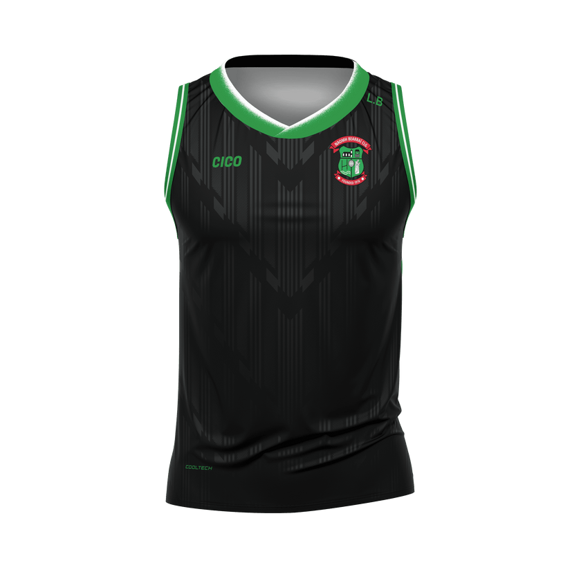 St Barrys GAA kid's black sleeveless jersey with emerald green trim and club crest