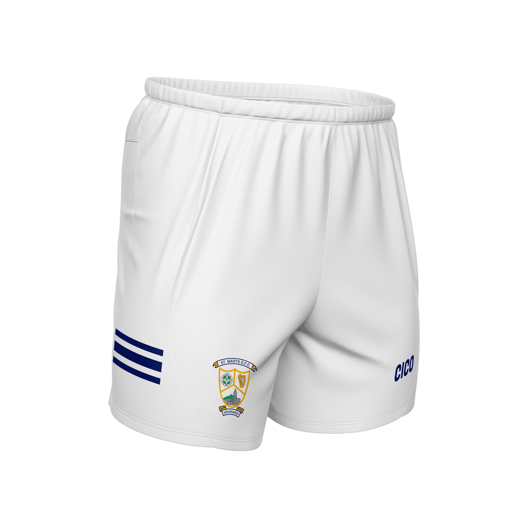 St Mary's Granard GFC white Gaelic football shorts with royal blue stripes - official club merchandise by Cico Sports