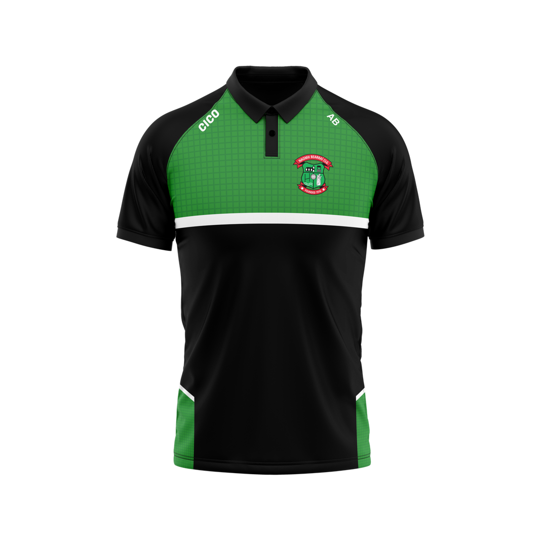 St Barrys GAA unisex polo shirt in black and emerald green with white stripe and club crest