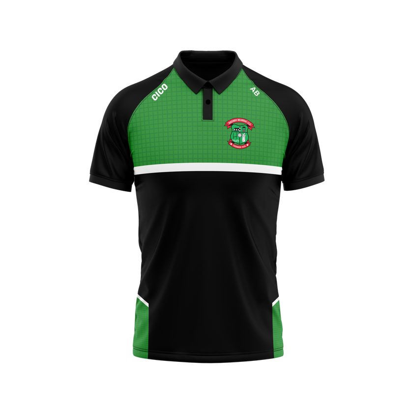 St Barrys GAA unisex polo shirt in black and emerald green with white stripe and club crest