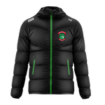 St Barrys GAA kid's puffer jacket in black with emerald green zips and club crest