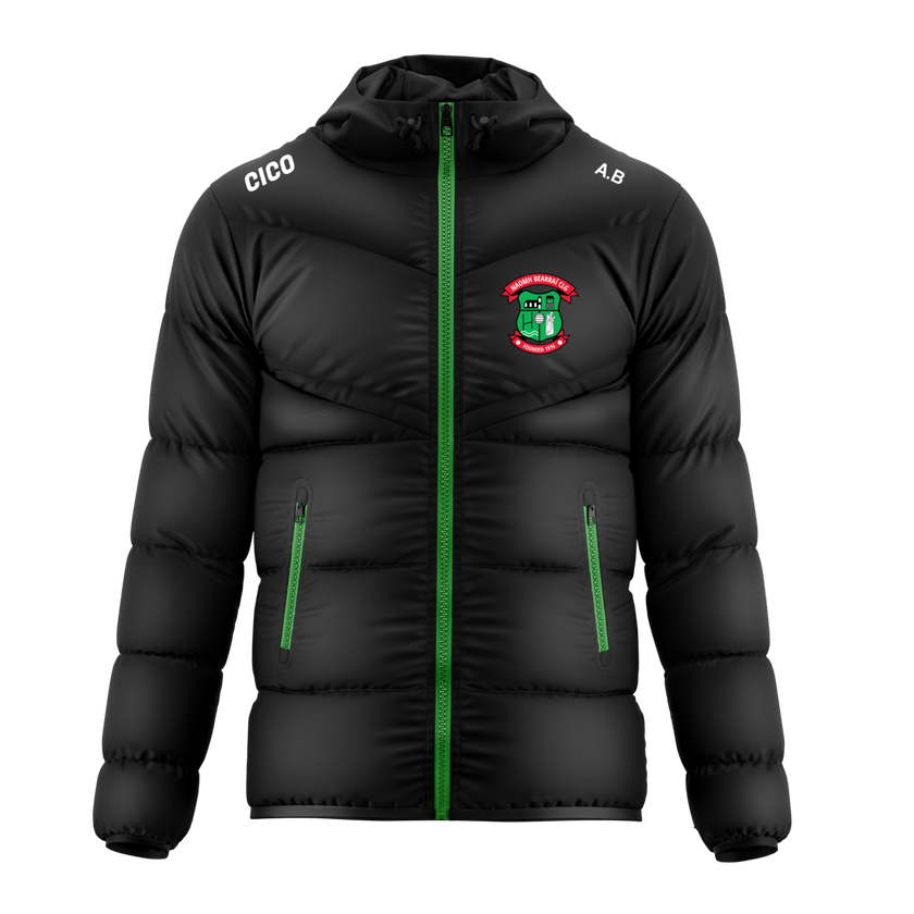 St Barrys GAA unisex puffer jacket in black with emerald green zips and club crest