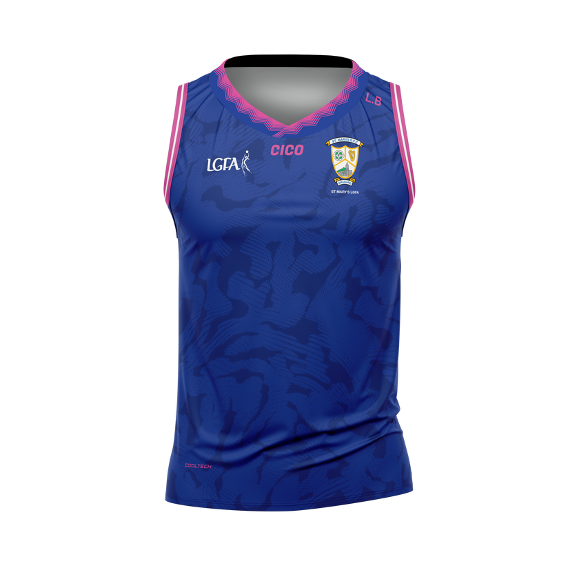 St Mary's LGFA Granard royal blue sleeveless jersey with pink trim and club crest - ladies Gaelic football jersey by Cico Sports