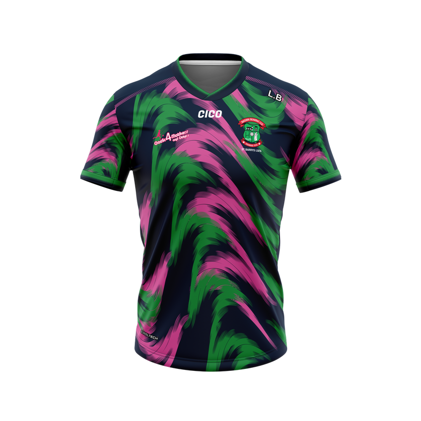 St Barry's LGFA G4M&O kid's navy, emerald and pink training jersey, front - LGFA clothing