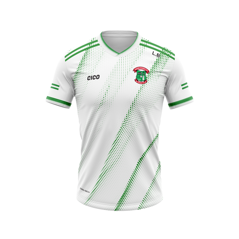 St Barrys GAA kid's white training jersey with emerald green halftone design and club crest