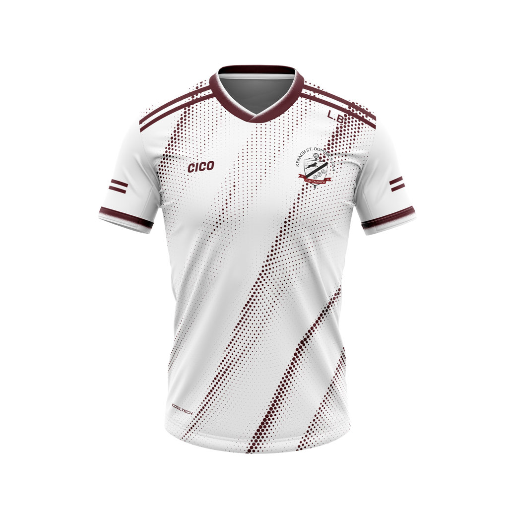 Kenagh St. Dominic's GAA white training jersey with maroon detail and club crest - front - Cico Sports