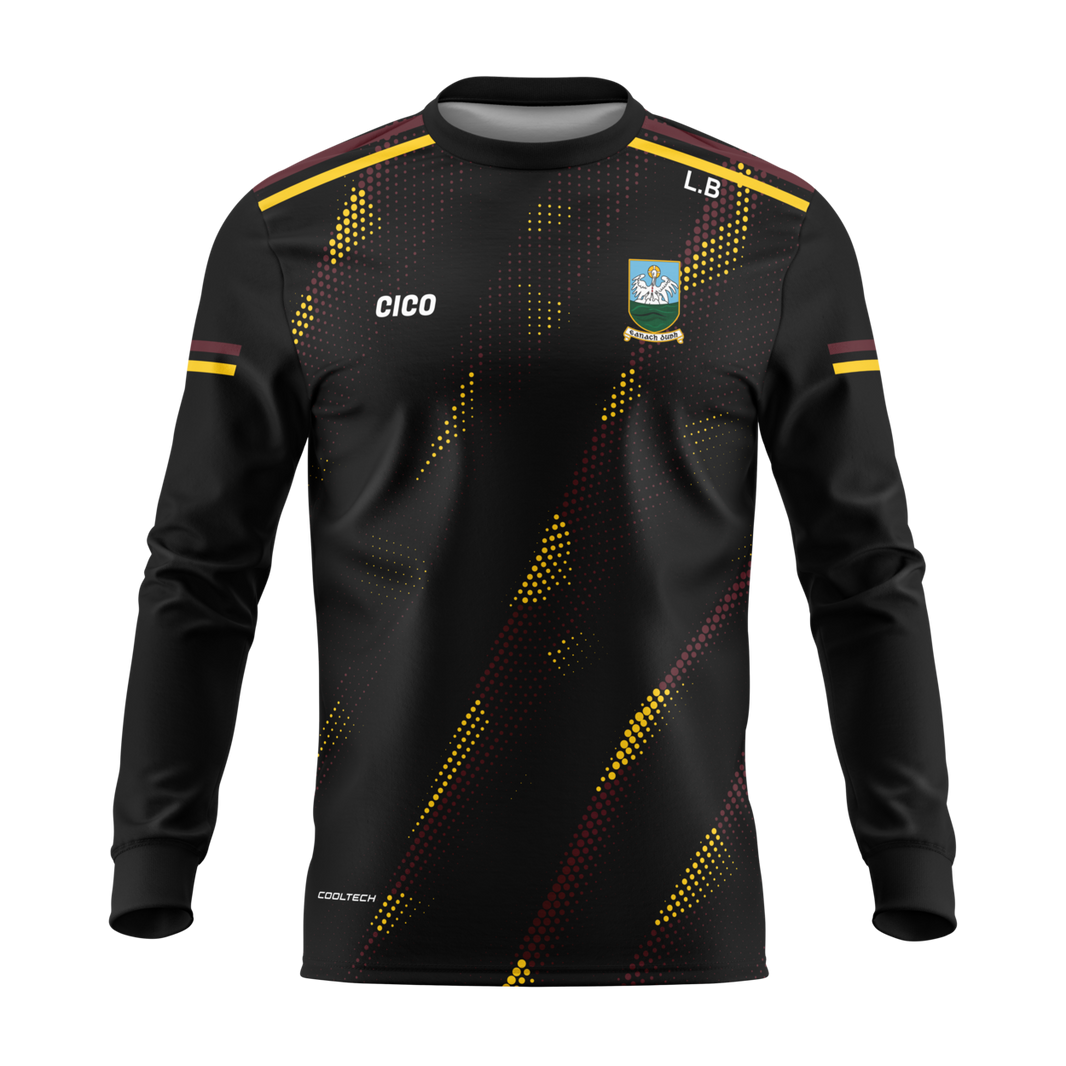 Annaduff GAA kid's black long sleeve training top with maroon and gold design and club crest - front - Cico Sports
