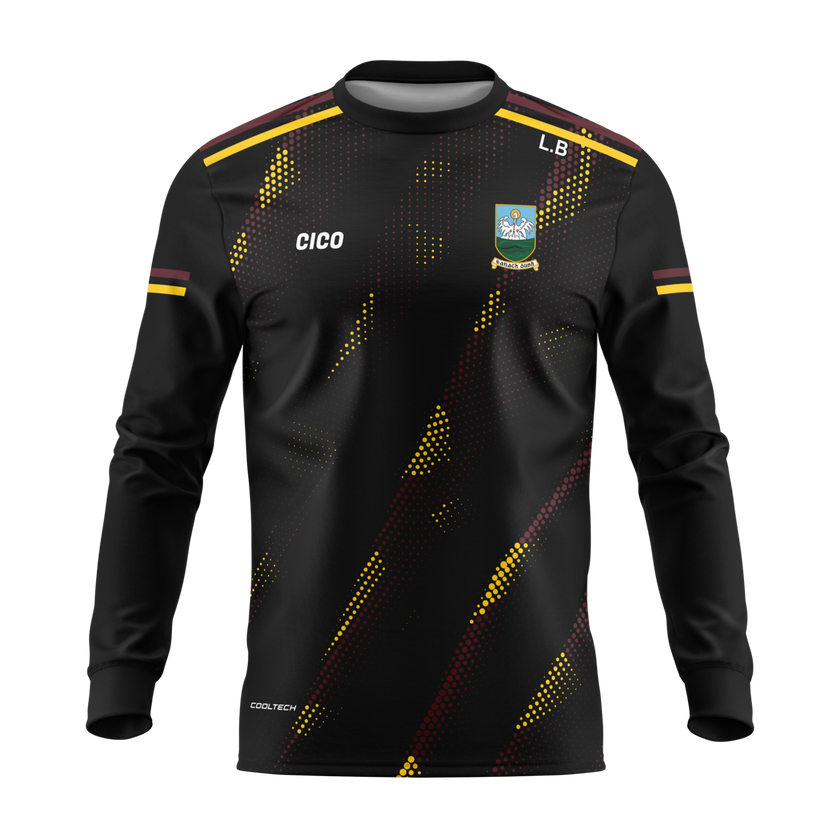 Annaduff GAA kid's black long sleeve training top with maroon and gold design and club crest - front - Cico Sports