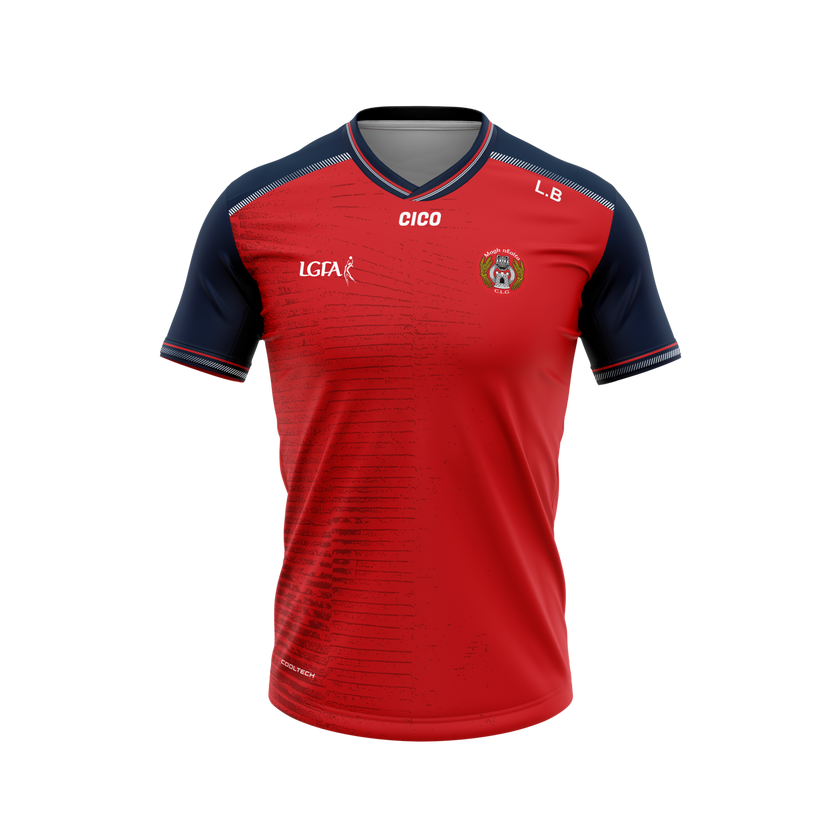 Moynalty LGFA Red Training Jersey with LGFA logo and club crest - Moynalty GAA & LGFA club shop