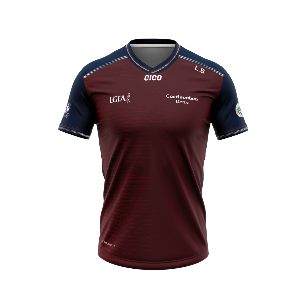 Castlerahan-Denn LGFA unisex maroon training jersey with navy sleeves - ladies Gaelic football club merchandise