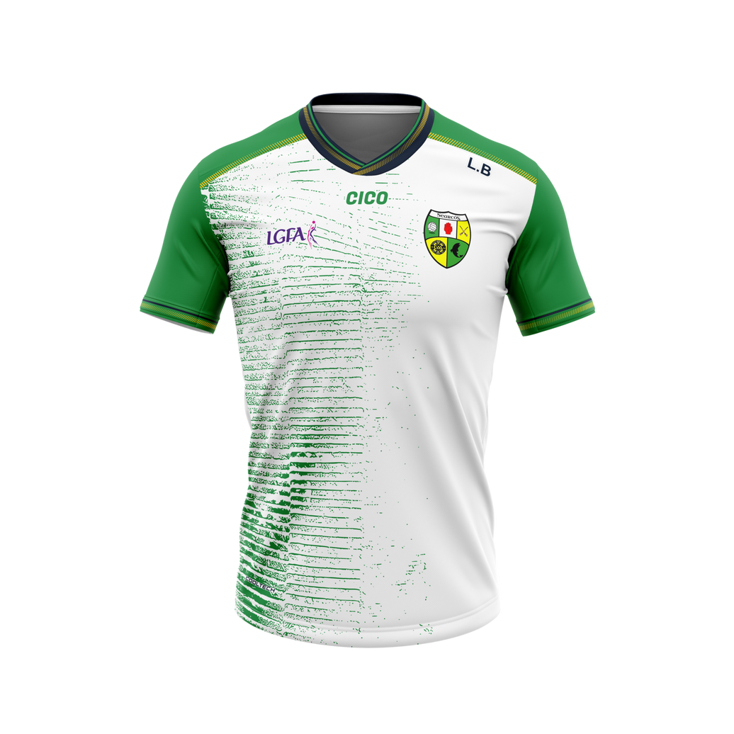Shercock LGFA white and green training jersey with LGFA logo and club crest - GAA clothing