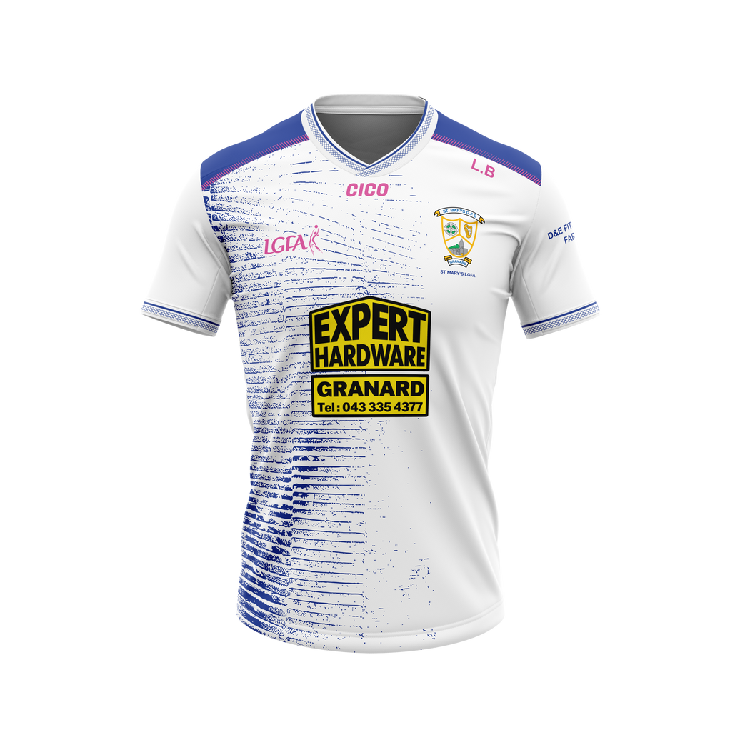 St Mary's LGFA Granard white training jersey with royal blue design and club crest - ladies Gaelic football clothing by Cico Sports