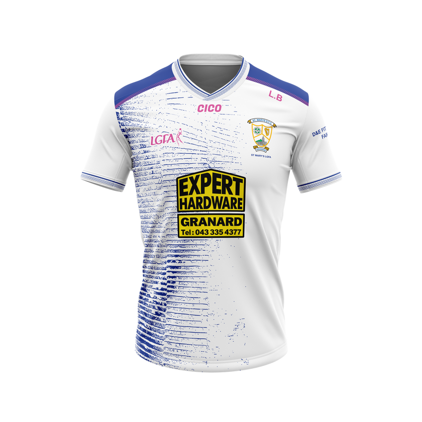 St Mary's LGFA Granard white training jersey with royal blue design and club crest - ladies Gaelic football clothing by Cico Sports