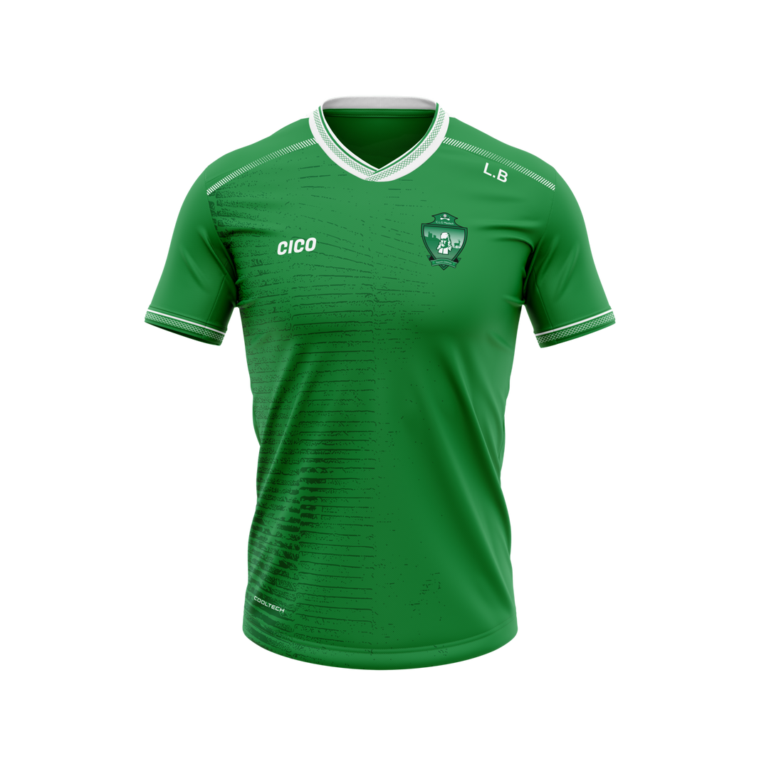 Moylagh GAA green jersey with white V-neck trim and club crest - front