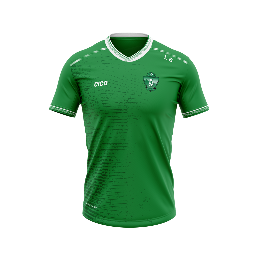 Moylagh GAA kid's green jersey with white V-neck trim and club crest - front