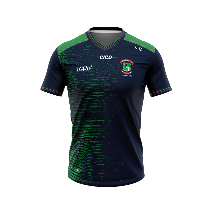 St Barry's LGFA unisex navy and emerald training jersey, front - ladies Gaelic football clothing