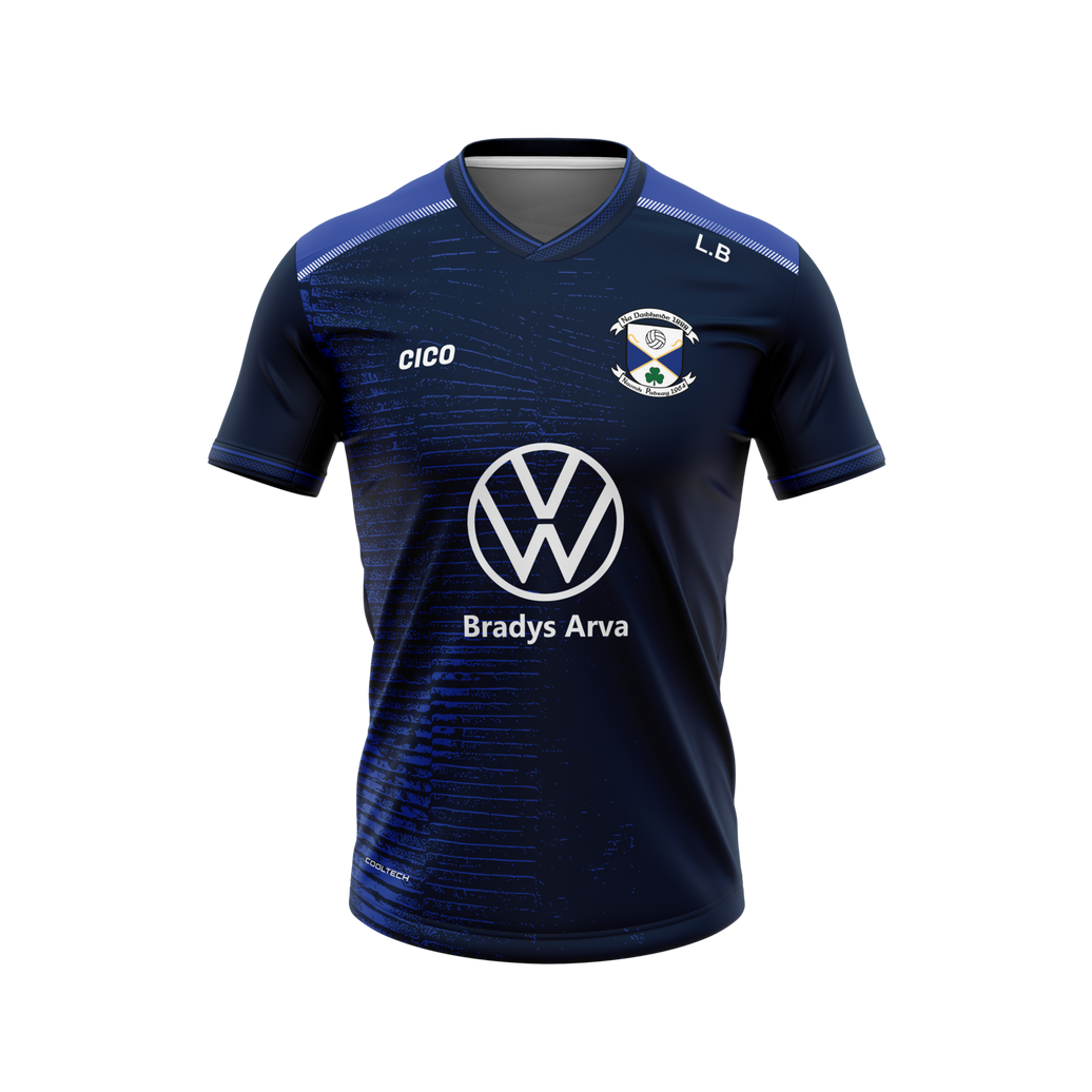 Arva GAA navy and royal blue training jersey with club crest and Bradys Arva sponsor – front