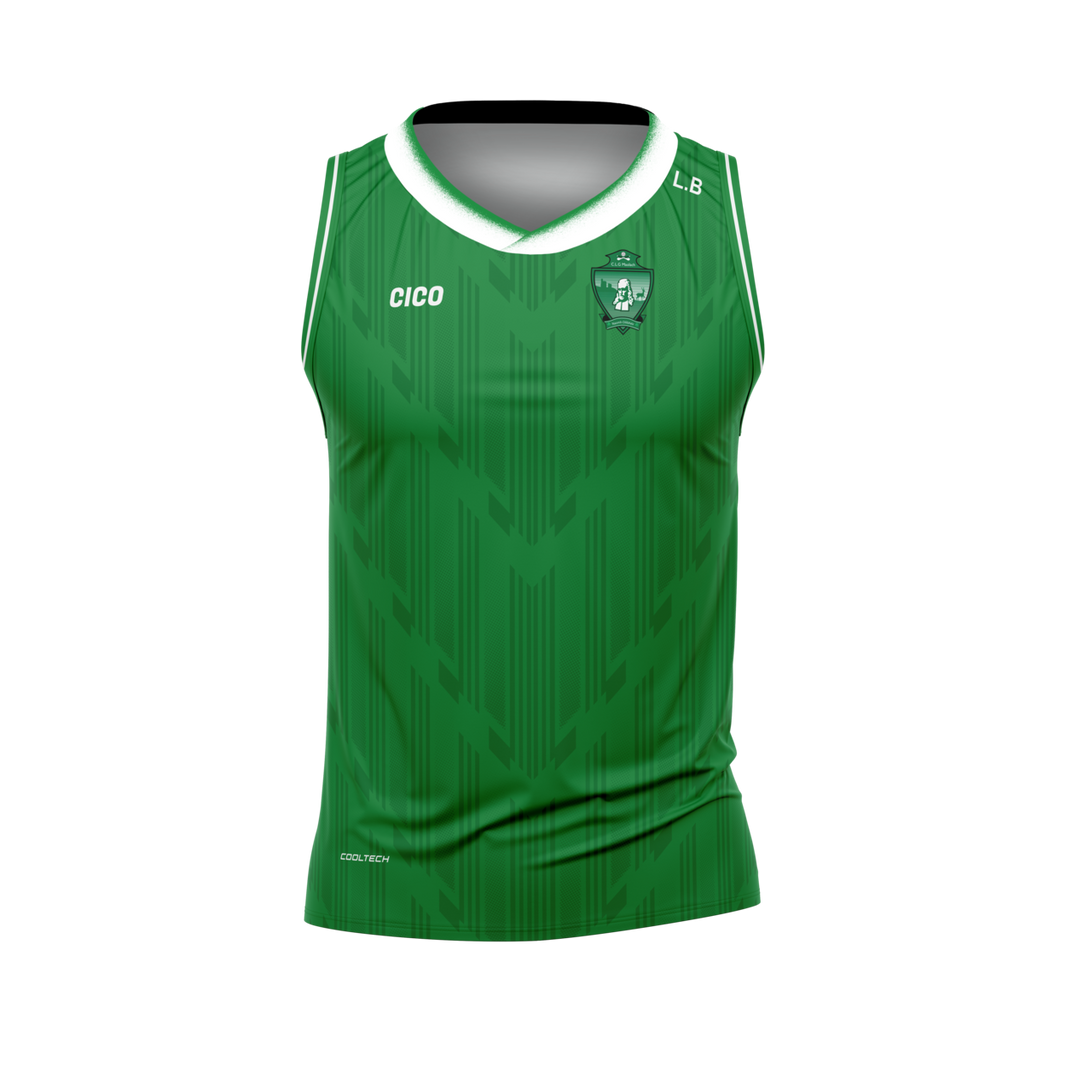 Moylagh GAA green sleeveless jersey with white V-neck and club crest