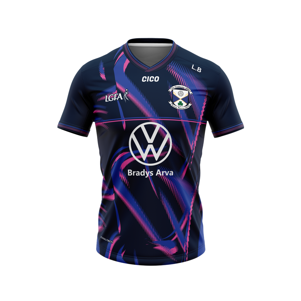 Arva LGFA navy and pink training jersey with LGFA logo, club crest and Bradys Arva sponsor – front