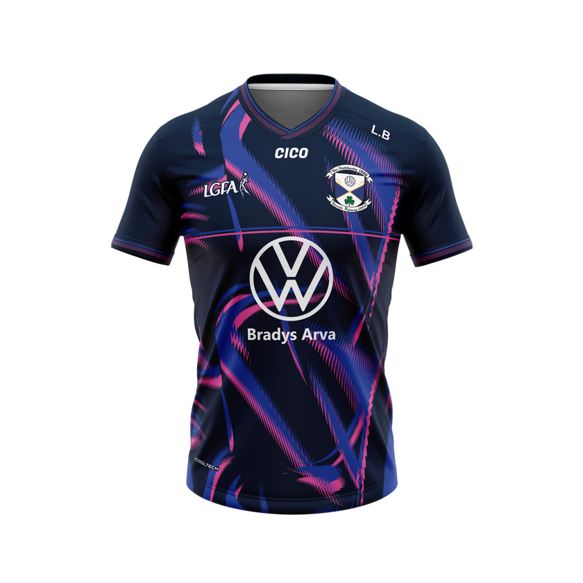 Arva LGFA navy and pink training jersey with LGFA logo, club crest and Bradys Arva sponsor – front