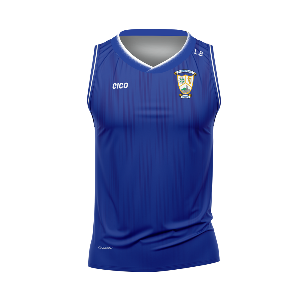 St Mary's Granard GFC royal blue sleeveless jersey with white trim and club crest - Gaelic football club merchandise