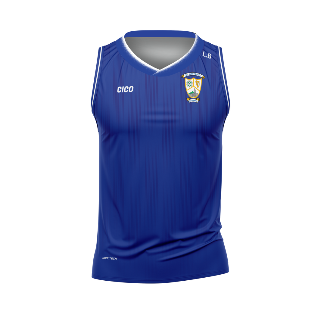 St Mary's Granard GFC royal blue sleeveless jersey with white trim and club crest - Gaelic football club merchandise