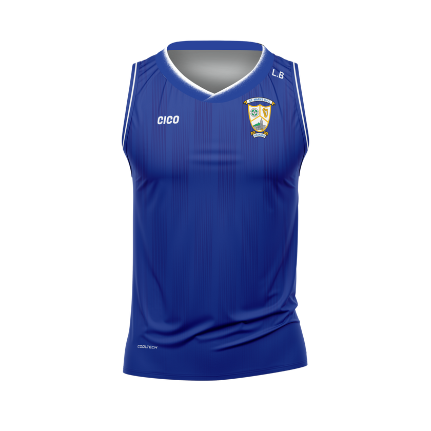 St Mary's Granard GFC royal blue sleeveless jersey with white trim and club crest - Gaelic football club merchandise