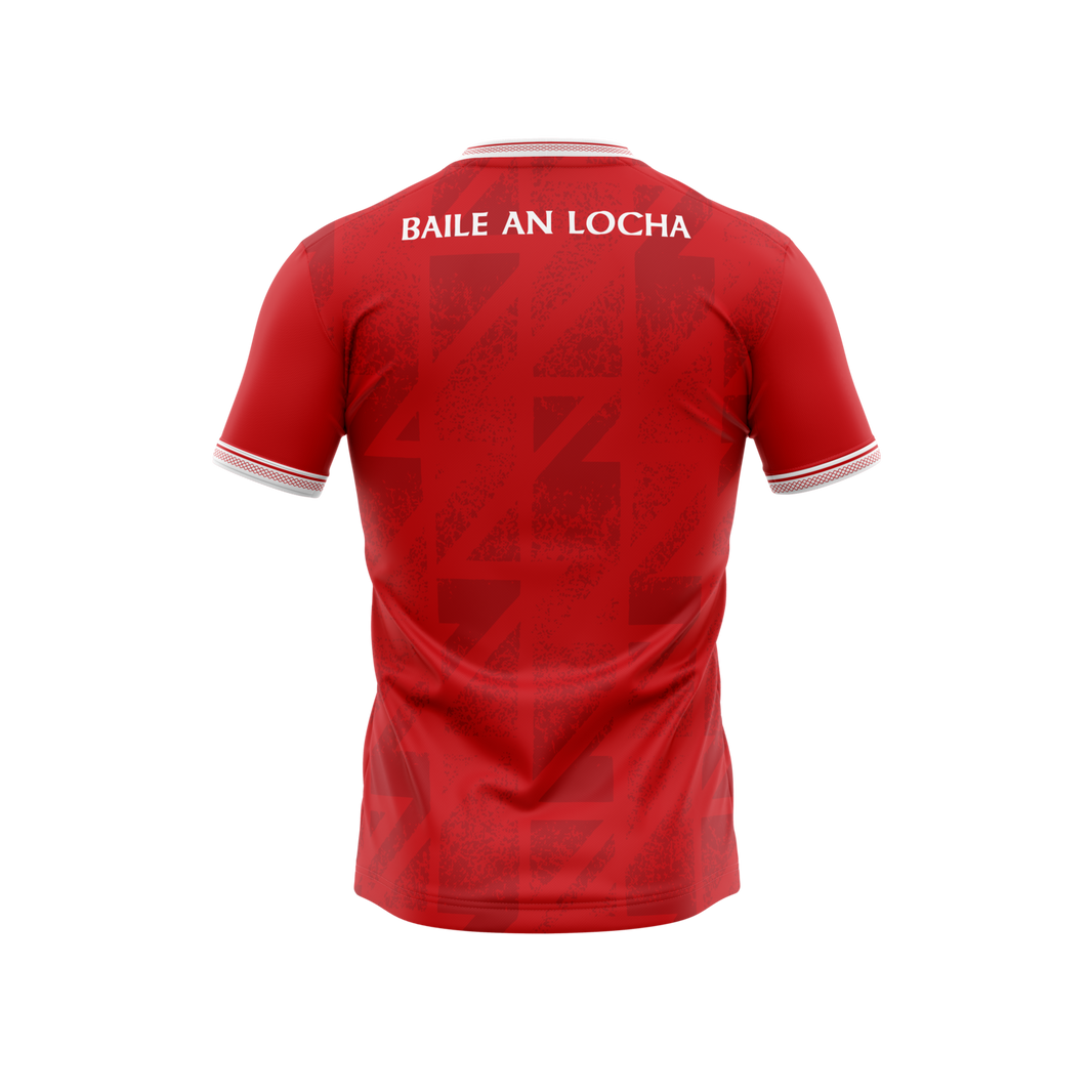 Ballinlough GFC red training jersey back with Baile an Locha lettering