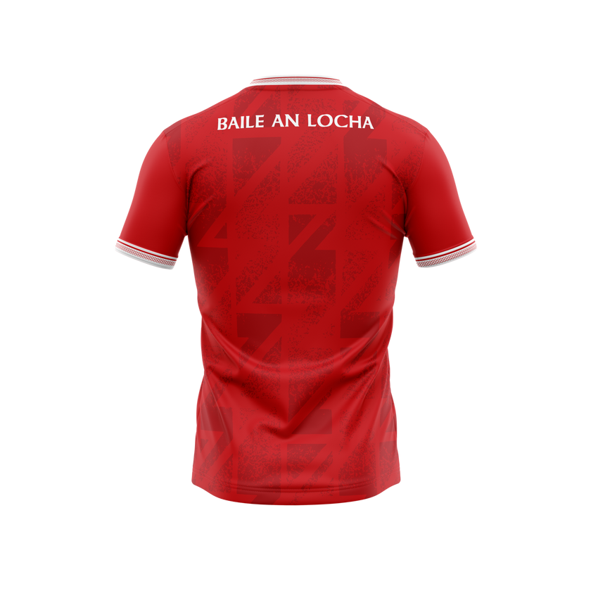Ballinlough GFC red training jersey back with Baile an Locha lettering