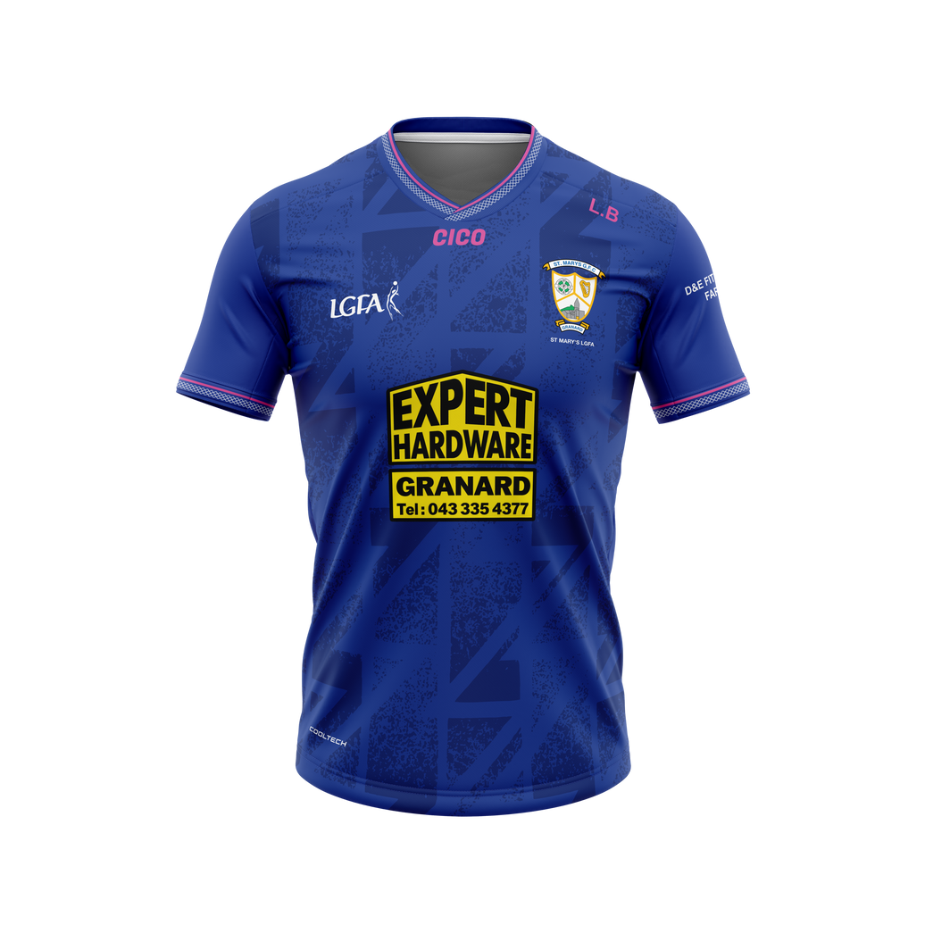 St Mary's LGFA Granard royal blue training jersey with pink trim and club crest - LGFA club merchandise by Cico Sports