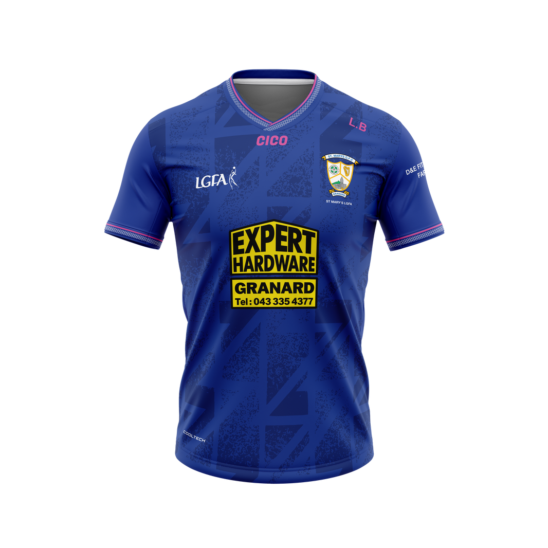 St Mary's LGFA Granard royal blue training jersey with pink trim and club crest - LGFA club merchandise by Cico Sports