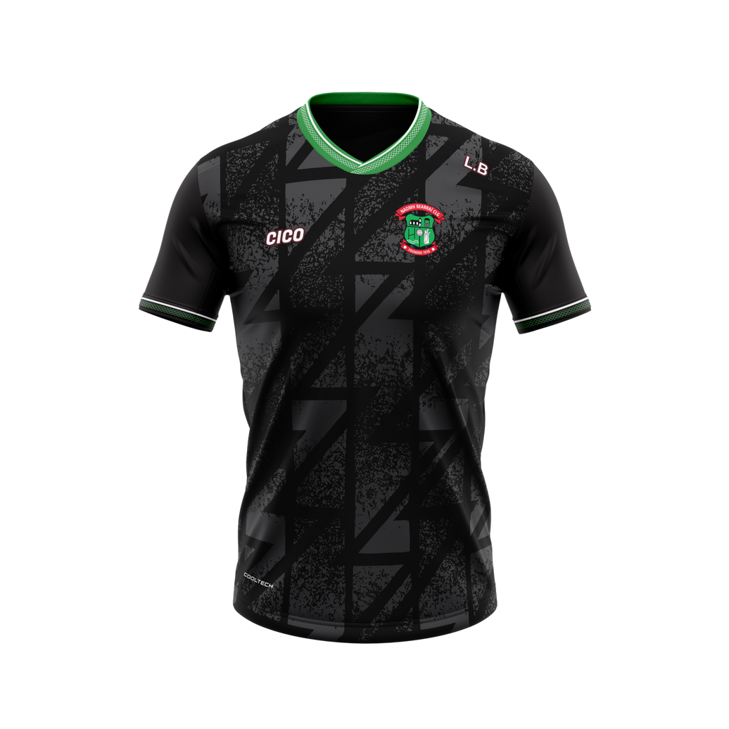 St Barrys GAA kid's black training jersey with emerald collar and club crest