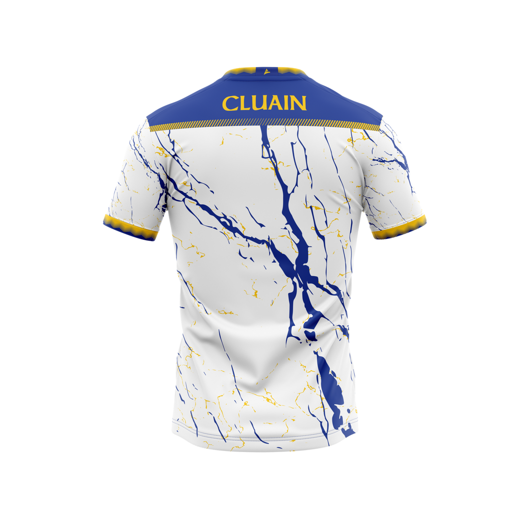 Cloone GAA white training jersey with royal blue and gold design, Cloone crest and Creegan's Bar sponsor - GAA clothing by Cico Sports