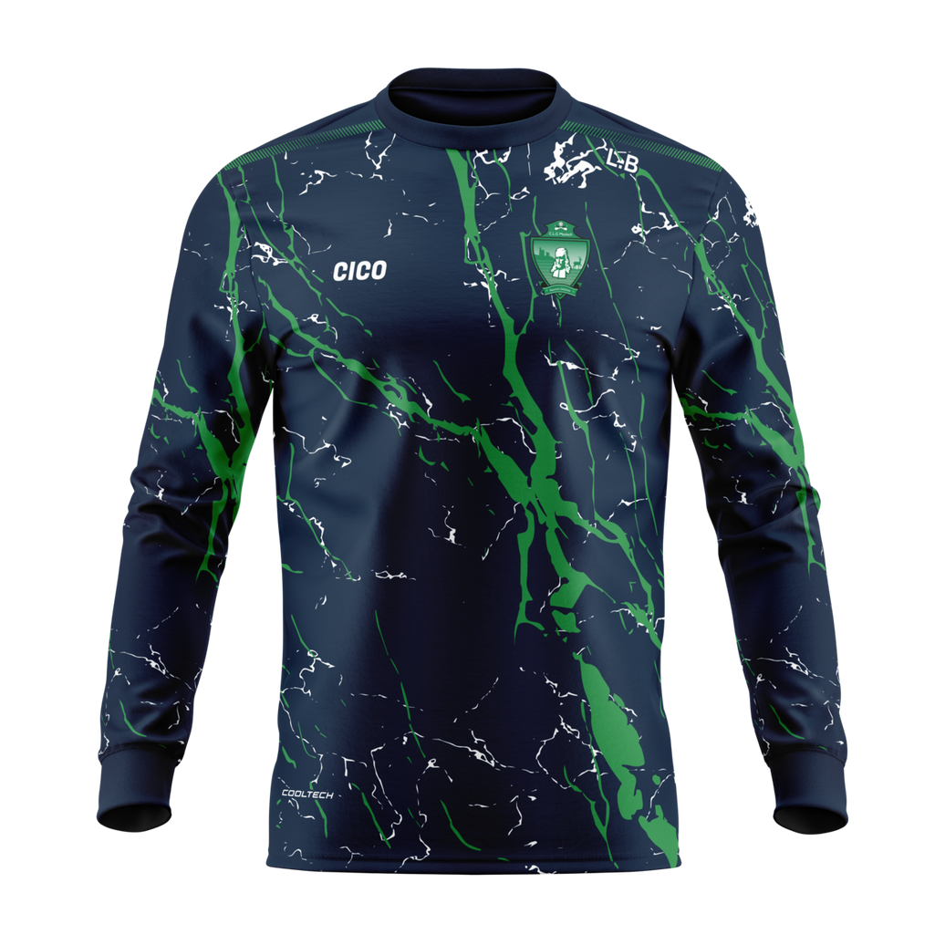 Moylagh GAA kid's navy long sleeve training top with green and white marble print and club crest
