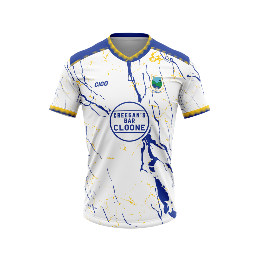 Cloone GAA white training jersey with royal blue and gold design, Cloone crest and Creegan's Bar sponsor - GAA clothing by Cico Sports