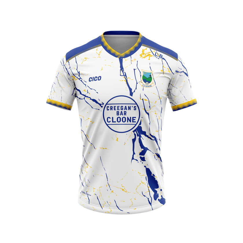 Cloone GAA white training jersey with royal blue and gold design, Cloone crest and Creegan's Bar sponsor - GAA clothing by Cico Sports